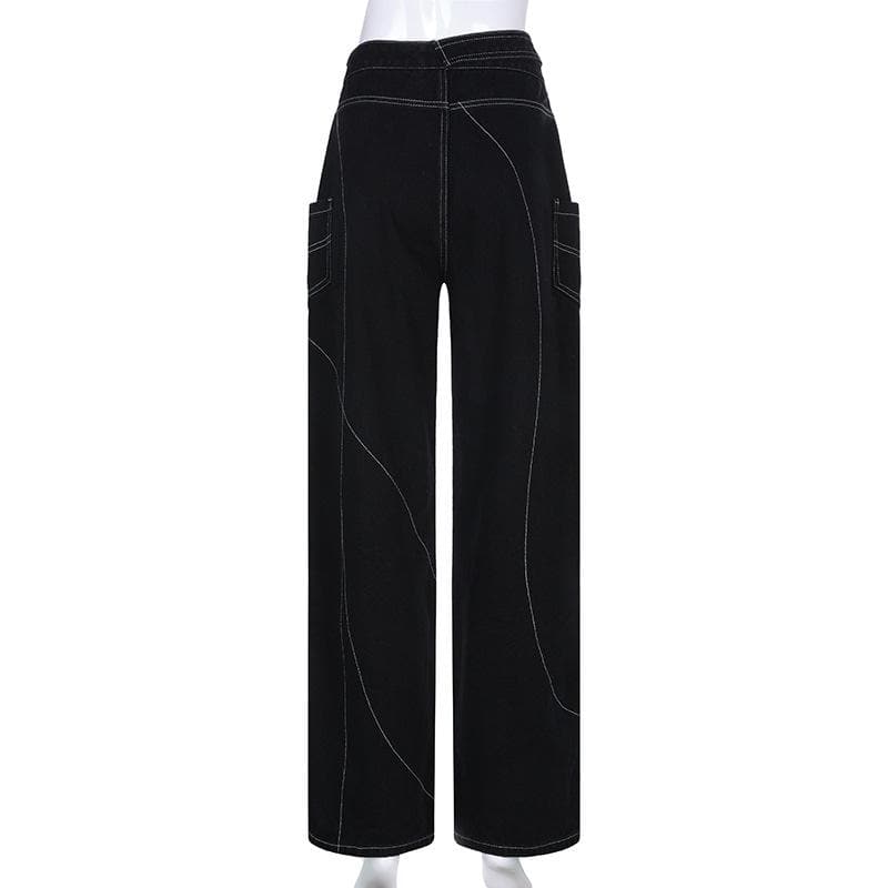 acelimosf™-Stitch belt irregular contrast low rise wide leg jeans y2k 90s Revival Techno Fashion