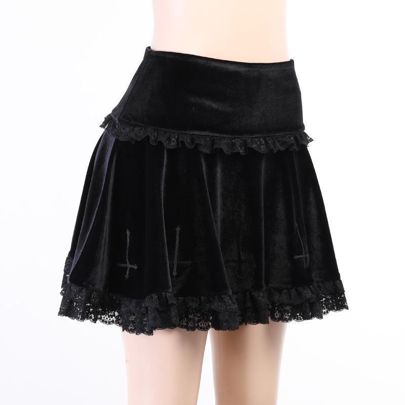 acelimosf™-Solid A line lace hem spider web pattern mini skirt y2k 90s Revival Techno Fashion