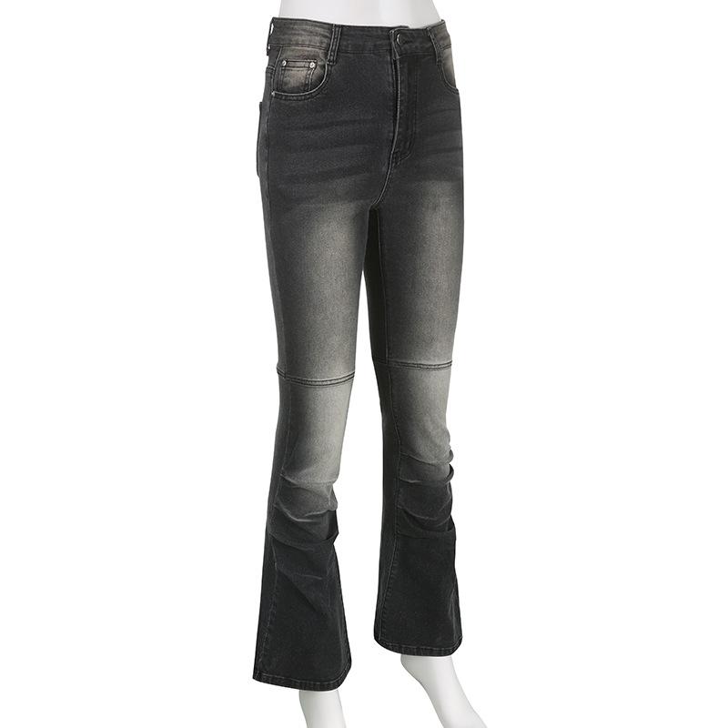 acelimosf™-Gradient ruched flared leg button medium rise jeans