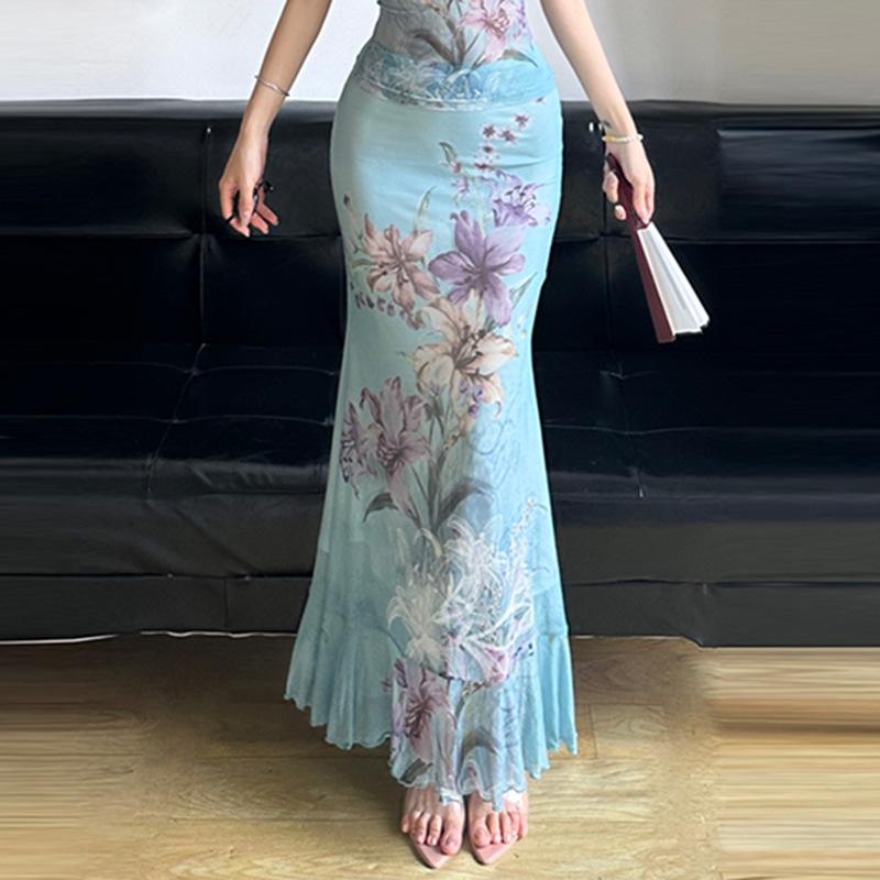 acelimosf™-Ruched ruffle cowl neck flower print mesh maxi skirt set