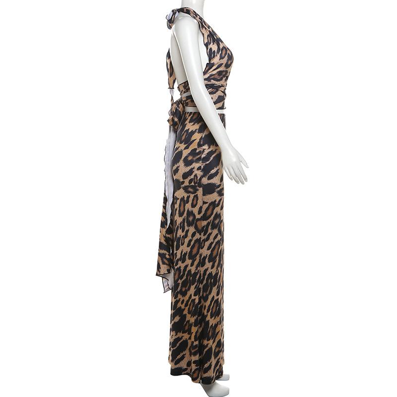 acelimosf™-Leopard print halter ruched backless maxi skirt set