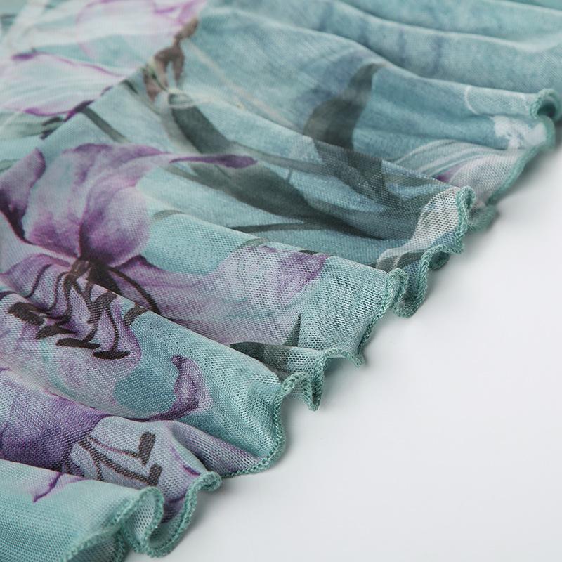 acelimosf™-Ruched ruffle cowl neck flower print mesh maxi skirt set