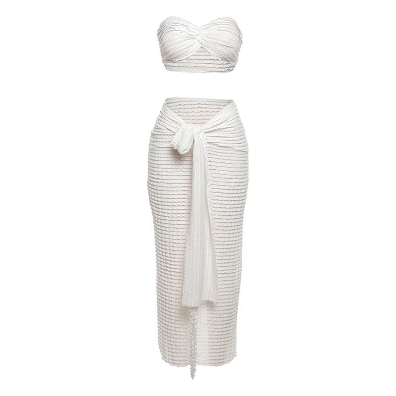 acelimosf™-Textured solid ruffle self tie knotted tube maxi skirt set