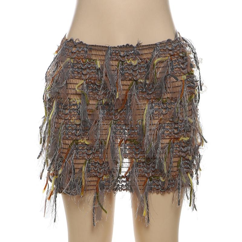 acelimosf™-Tassels hollow out see through contrast mini skirt