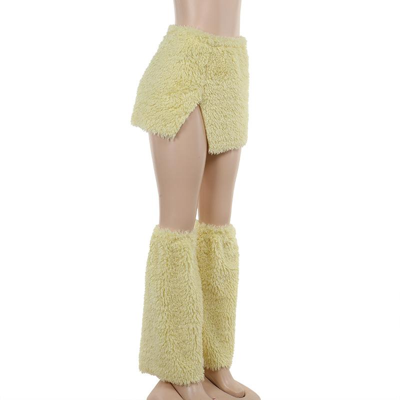 acelimosf™-Fluffy slit leg warmer solid mini skirt