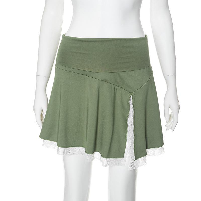 acelimosf™-Lace hem slit A line stitch mini skirt