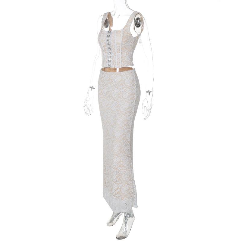 acelimosf™-U neck lace bustier button cami maxi skirt set