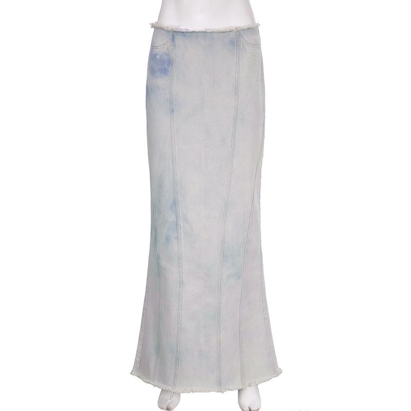acelimosf™-Tie dye raw hem zip-up slit midi skirt y2k 90s Revival Techno Fashion