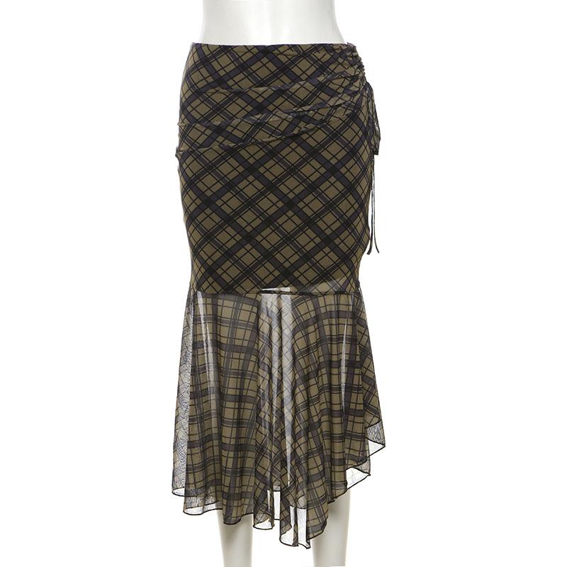acelimosf™-Plaid ruched drawstring mesh irregular midi skirt