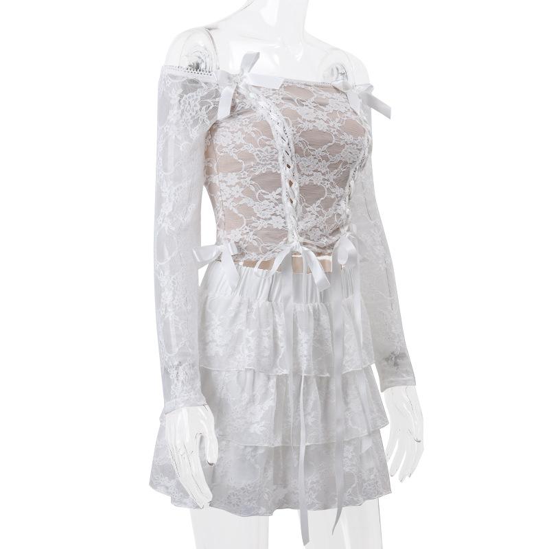acelimosf™-Long sleeve off shoulder bowknot ribbon lace up ruched mini skirt set