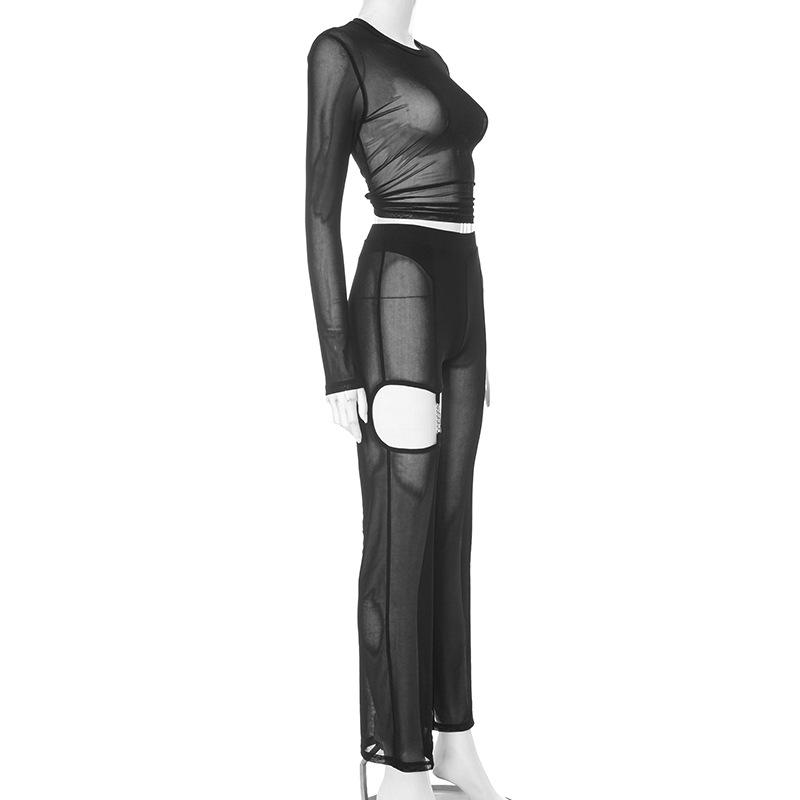 acelimosf™-Mesh see through hollow out long sleeve solid pant set