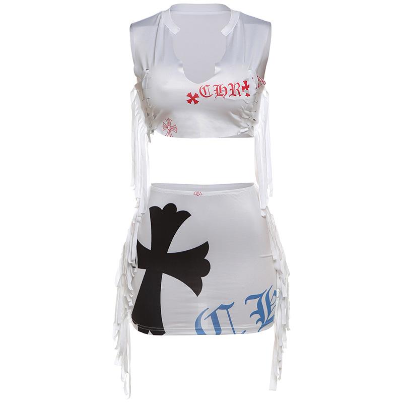 acelimosf™-Sleeveless print tassel crop mini skirt set