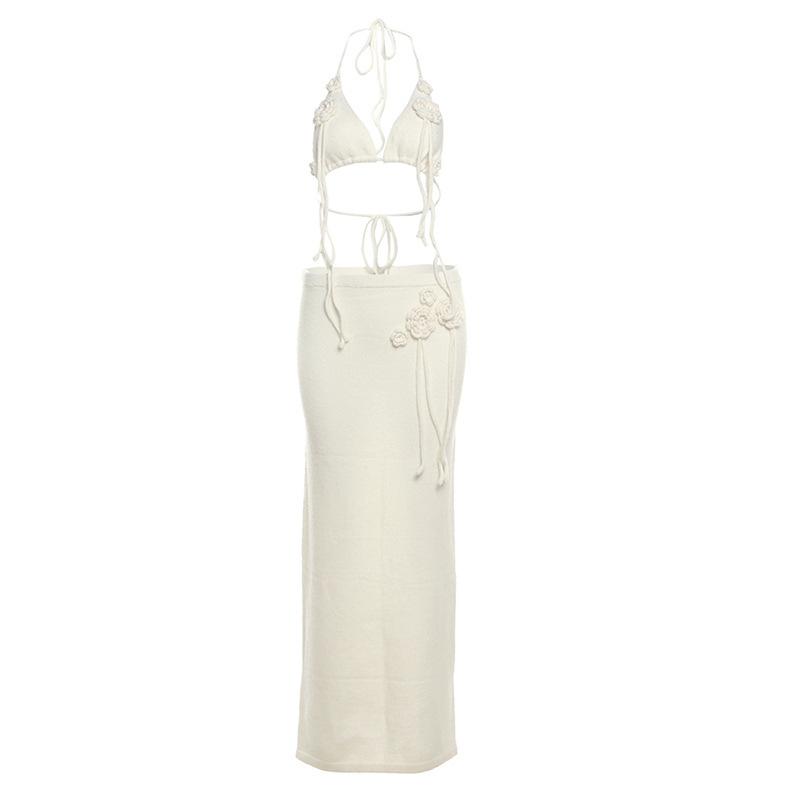 acelimosf™-Halter self tie flower applique slit backless mini skirt set