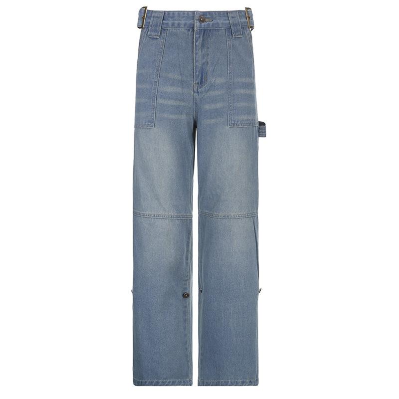 acelimosf™-Hollow out belt patchwork button applique jeans grunge 90s Streetwear Disheveled Chic Fashion grunge 90s Streetwear Distressed Fashion