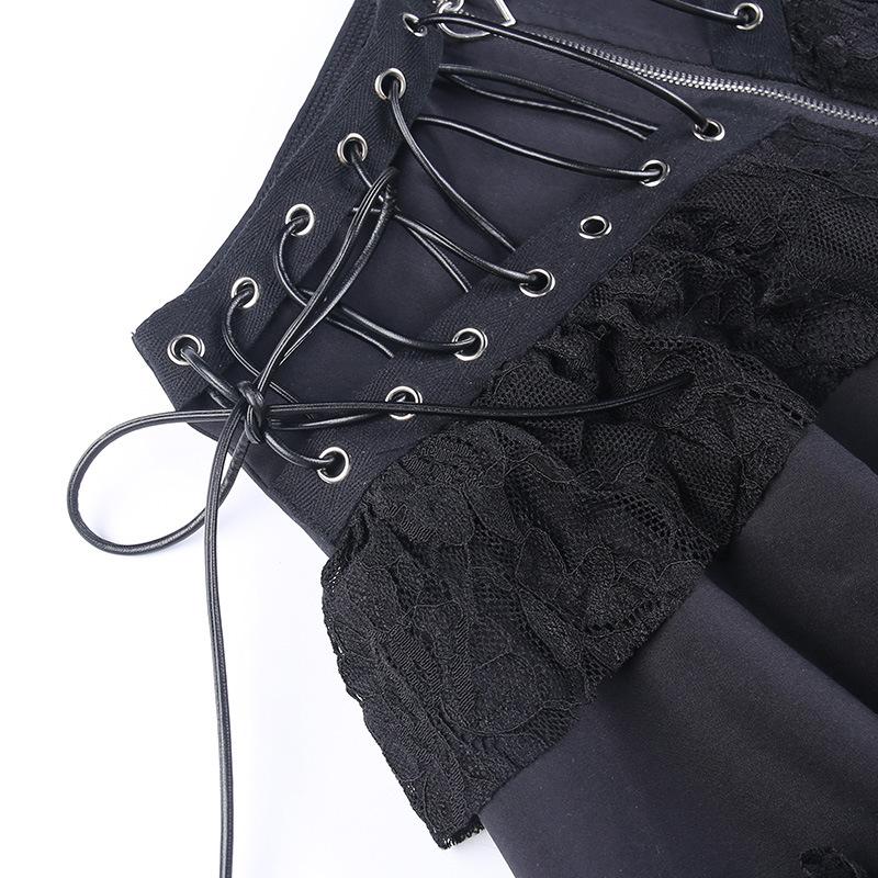 acelimosf™-Zip-up lace up patchwork lace ruffle mini skirt goth Alternative Darkwave Fashion goth Emo Darkwave Fashion