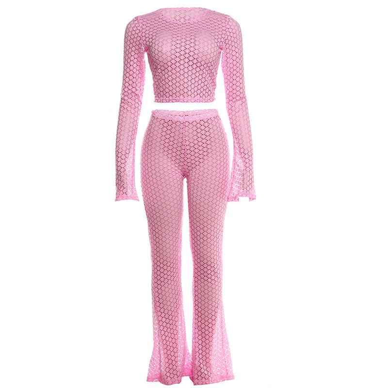 acelimosf™-Long flared sleeve hollow out see through crop pant set