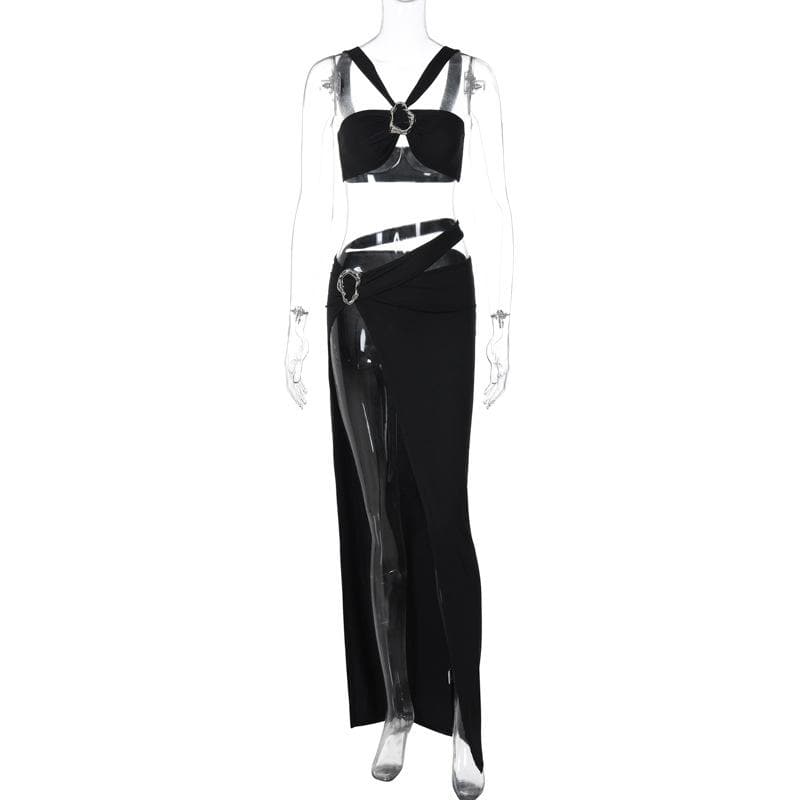 acelimosf™-O ring high slit hollow out ruched backless cami maxi skirt set