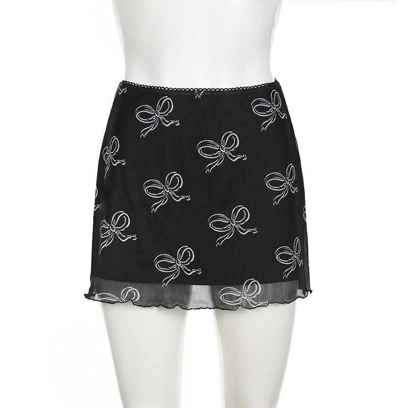 acelimosf™-Bowknot print mesh mini skirt