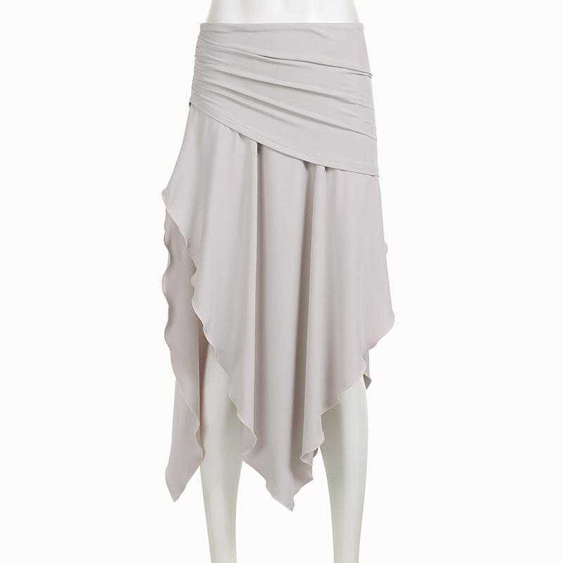 acelimosf™-Ruched irregular ruffle slit solid high rise midi skirt y2k 90s Revival Techno Fashion