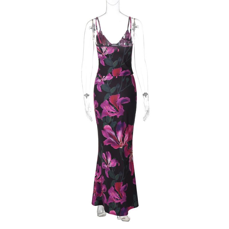 acelimosf™-Flower print v neck contrast cami maxi skirt set