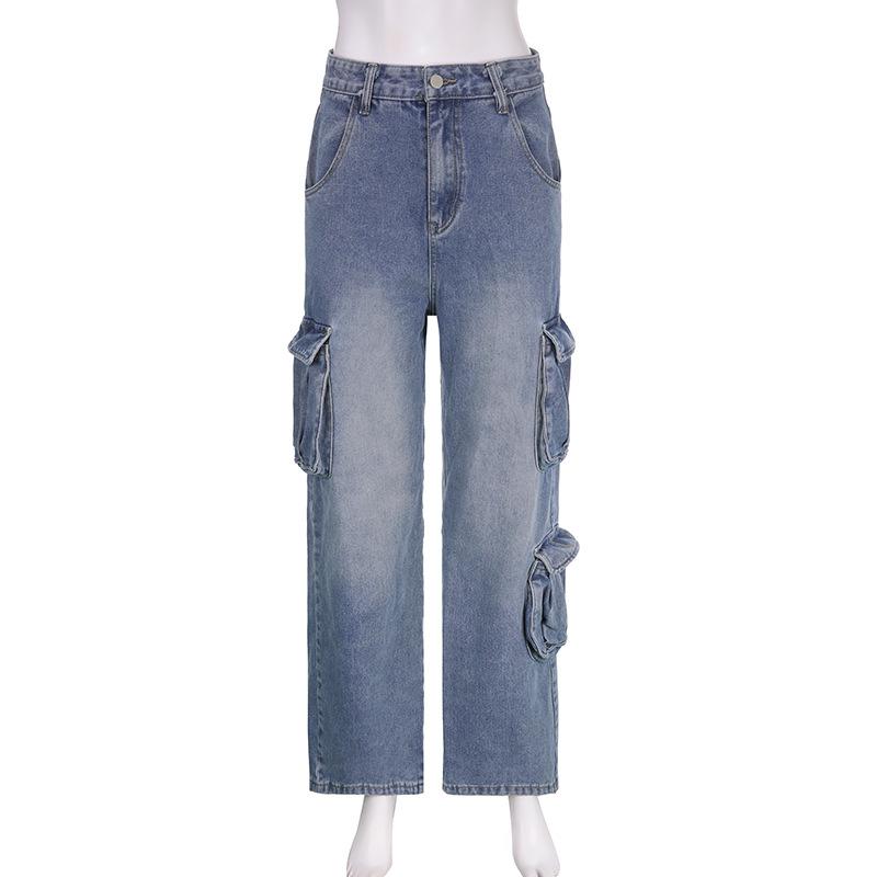 acelimosf™-Cargo pocket button high rise straight leg jeans grunge 90s Streetwear Disheveled Chic Fashion grunge 90s Streetwear Distressed Fashion