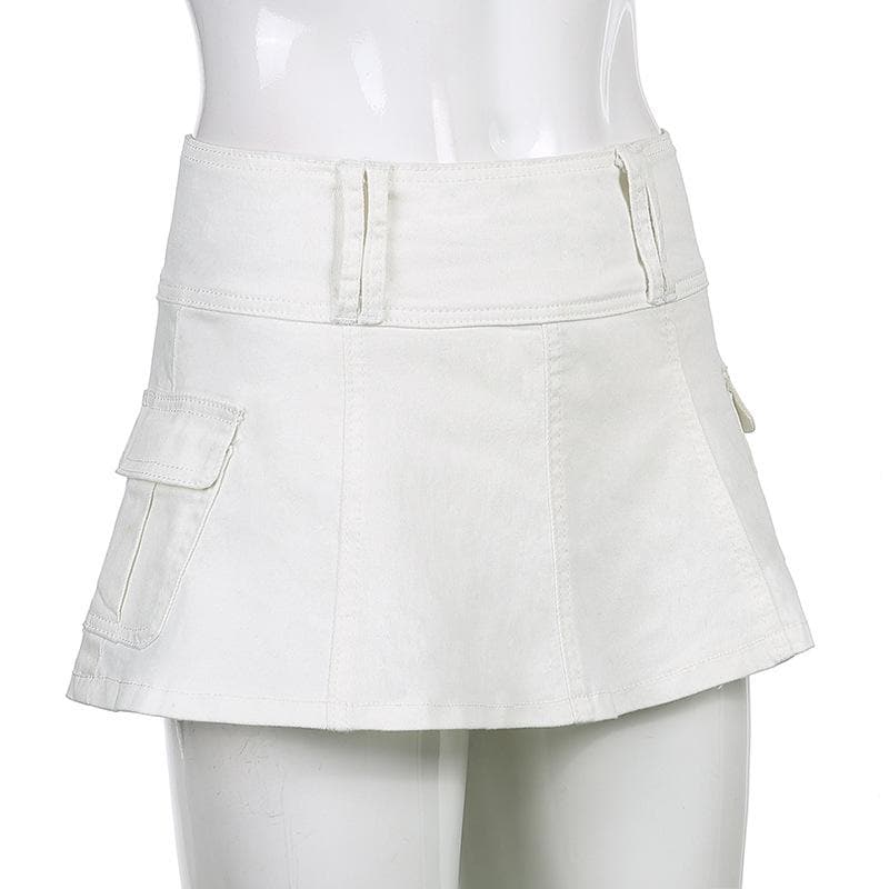 acelimosf™-A line zip-up cargo pocket solid medium rise denim midi skirt y2k 90s Revival Techno Fashion