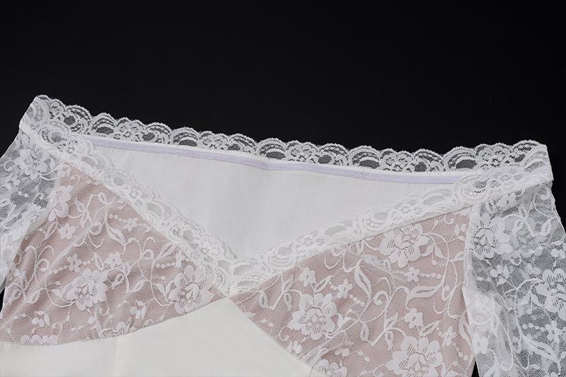 acelimosf™+Long flared sleeve lace patchwork pleated ruched zip-up mini skirt set