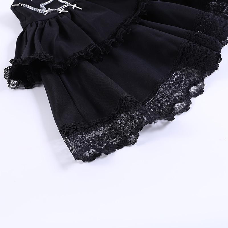 acelimosf™-Ruched lace hem metal chain lace up zip-up mini skirt