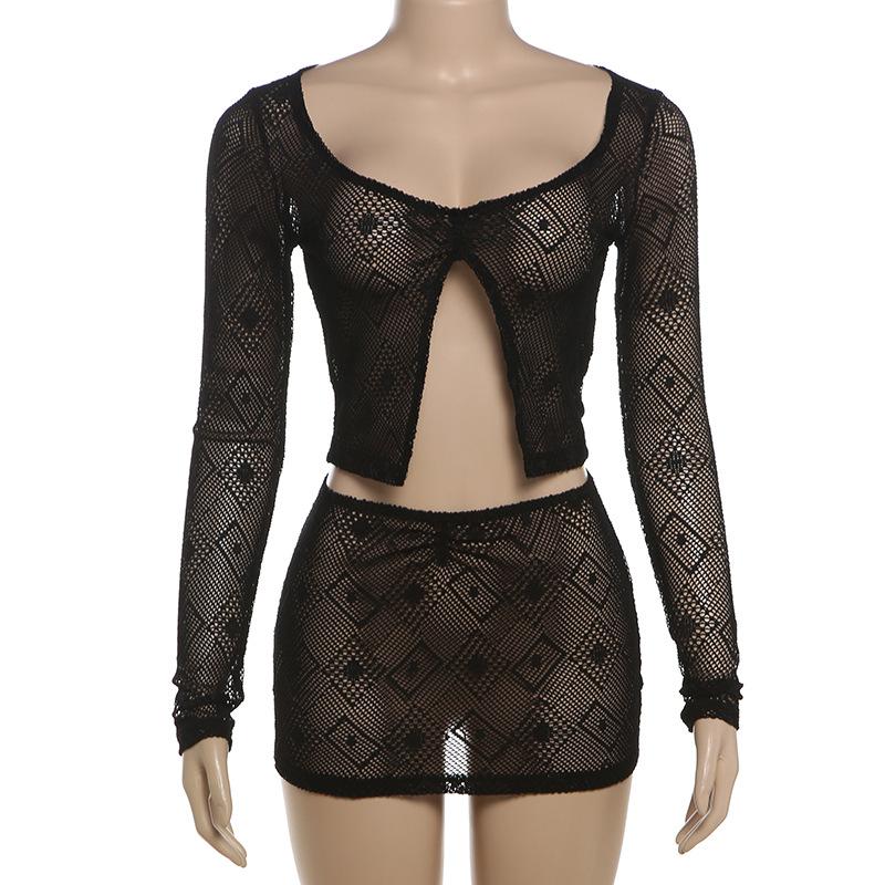 acelimosf™-See through hollow out slit long sleeve mini skirt set
