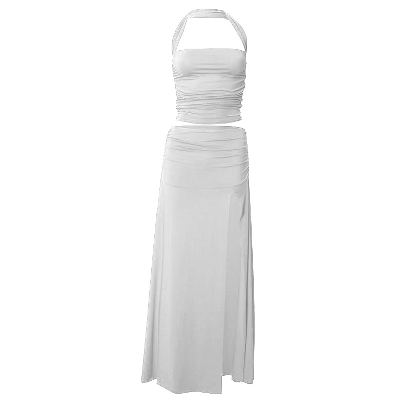 acelimosf™-Halter ruched backless high slit maxi skirt set