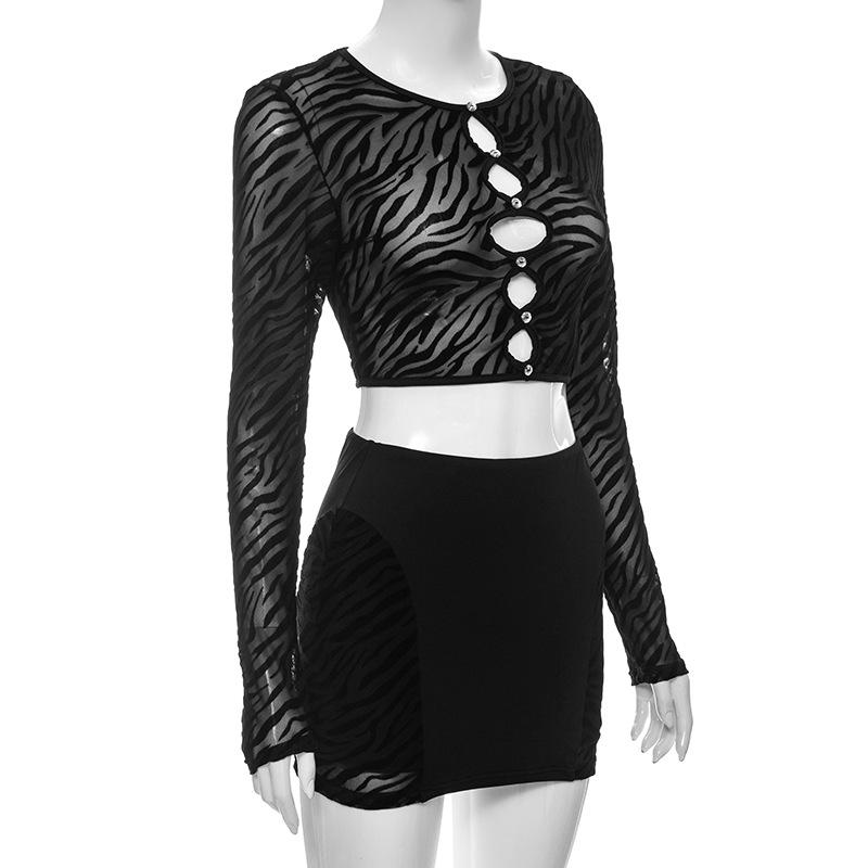 acelimosf™-Long sleeve hollow out zebra print see through mini skirt set