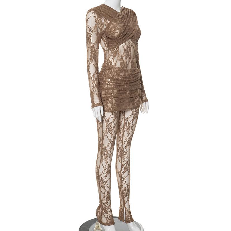 acelimosf™-Long sleeve ruched lace zip-up see through 2 piece jumpsuit