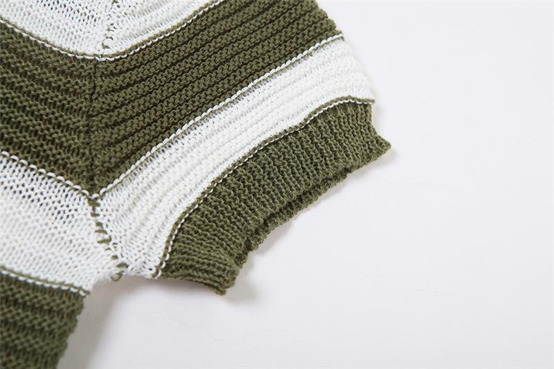 acelimosf™-Irregular turnover collar short sleeve striped knitted mini skirt set