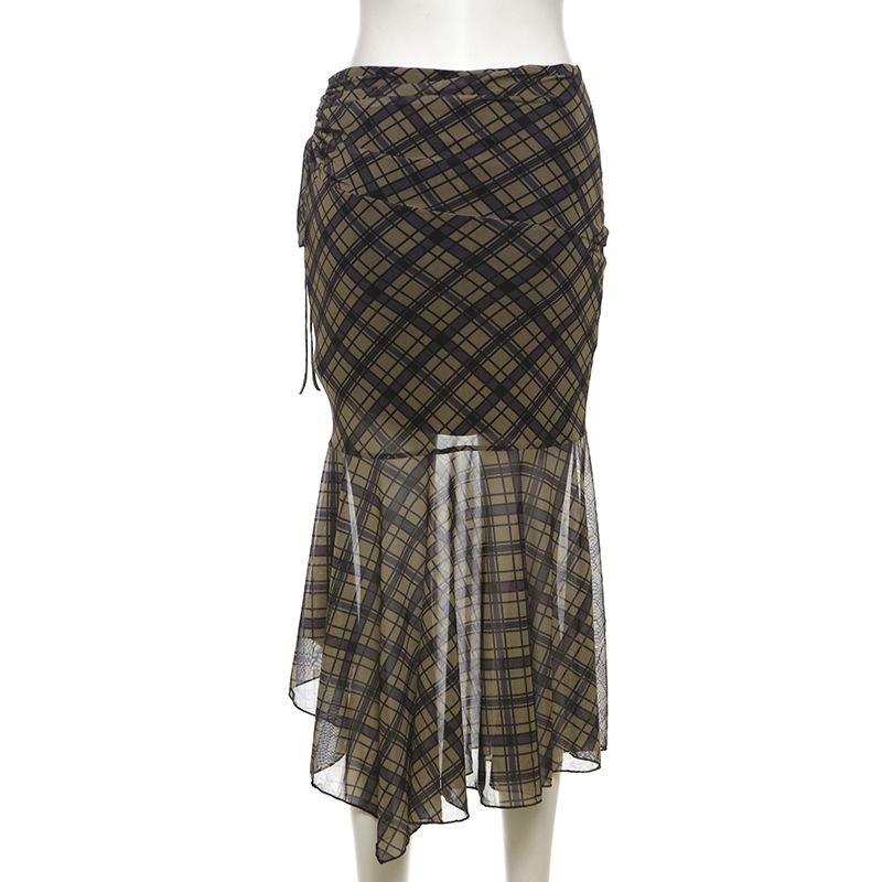 acelimosf™-Plaid ruched drawstring mesh irregular midi skirt