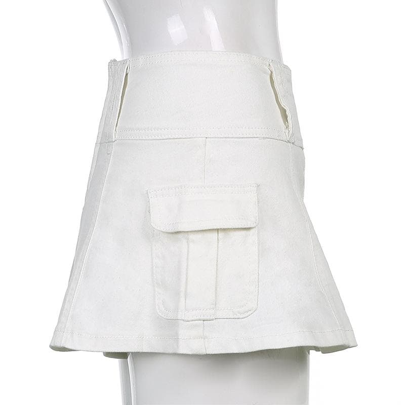 acelimosf™-A line zip-up cargo pocket solid medium rise denim midi skirt y2k 90s Revival Techno Fashion