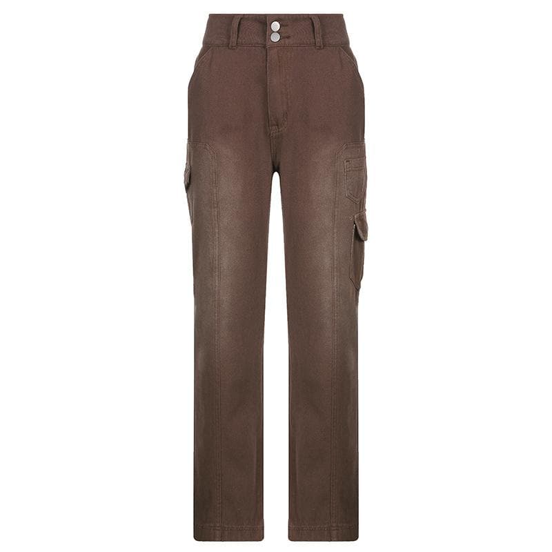 acelimosf™-High rise straight leg button gradient pocket jeans y2k 90s Revival Techno Fashion