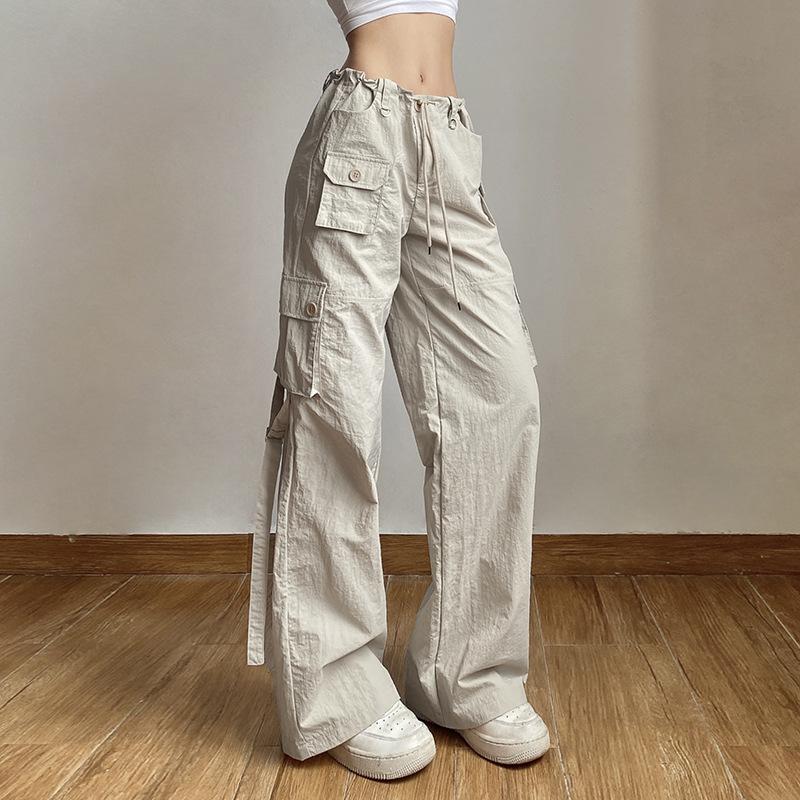 acelimosf™-Cargo pocket drawstring solid button adjustable waist wide leg pant