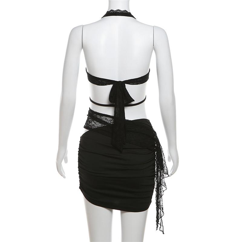 acelimosf™-Halter deep v neck patchwork lace ruffle mini skirt set