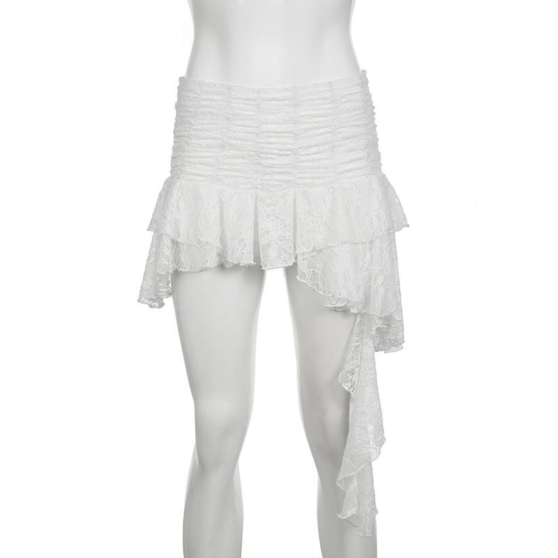 acelimosf™-Ruched lace patchwork ruffle irregular mini skirt