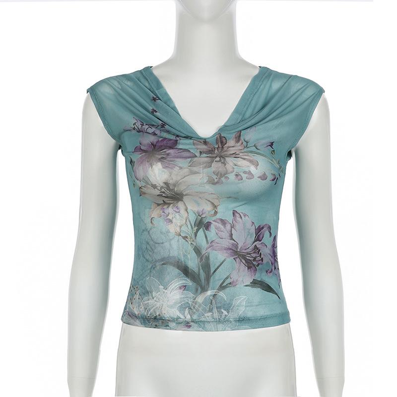 acelimosf™-Ruched ruffle cowl neck flower print mesh maxi skirt set