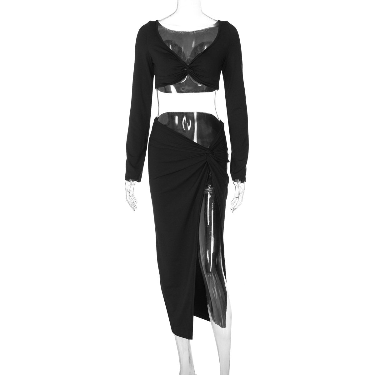acelimosf™-Long sleeve off shoulder high slit midi skirt set