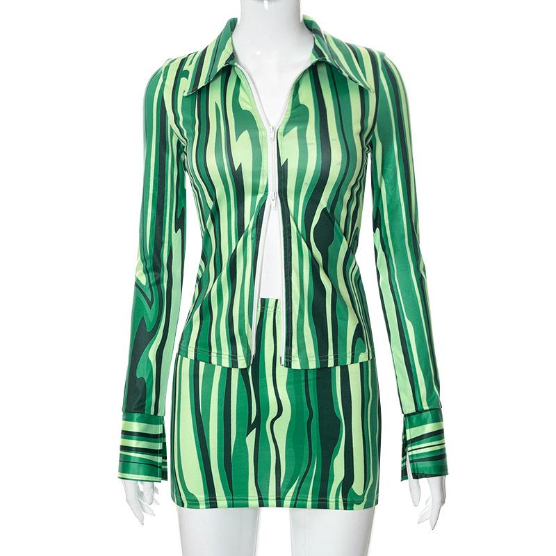 acelimosf™-Slit contrast long sleeve turnover collar zip-up skirt set cyberpunk Sci-Fi Fashion
