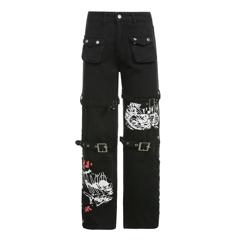 acelimosf™-Button contrast abstract pattern cargo pocket high rise jeans goth Alternative Darkwave Fashion goth Emo Darkwave Fashion