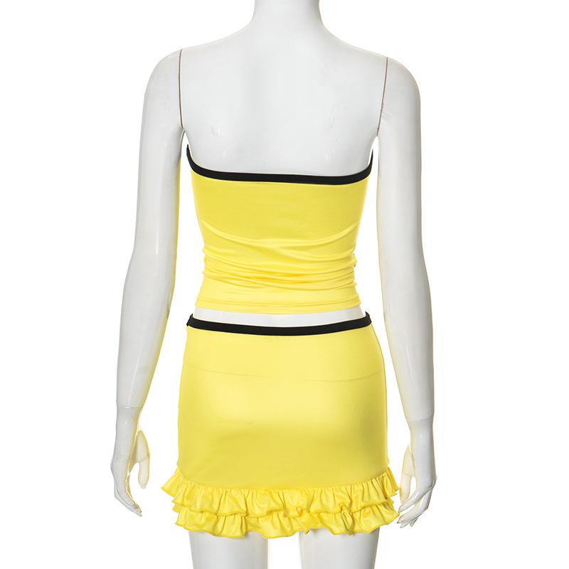acelimosf™-Halter knotted "71" print ruffle tube mini skirt set