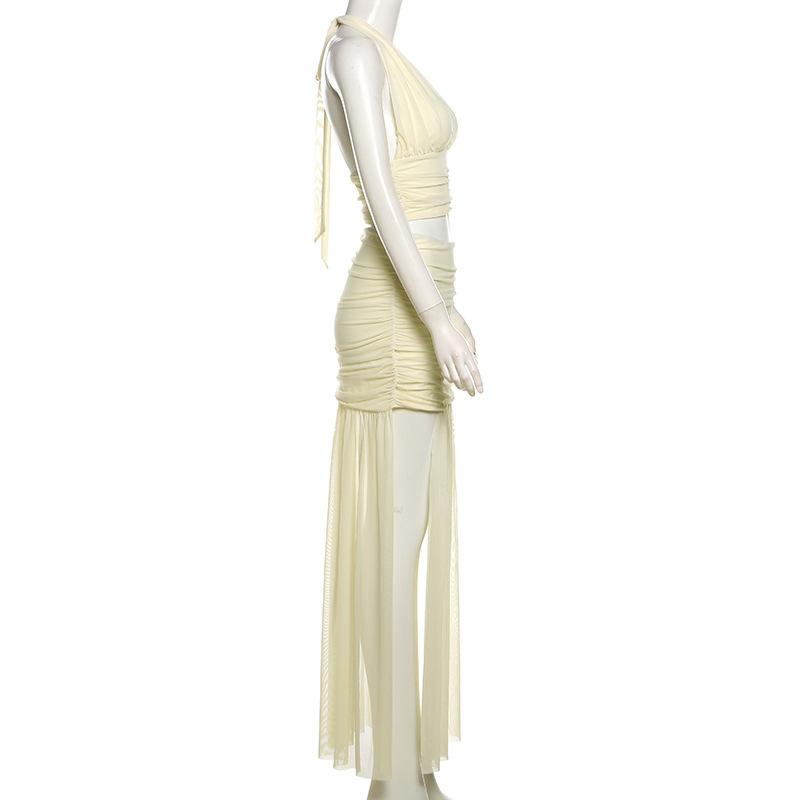 acelimosf™-Halter ruched deep v neck high slit mesh maxi skirt set