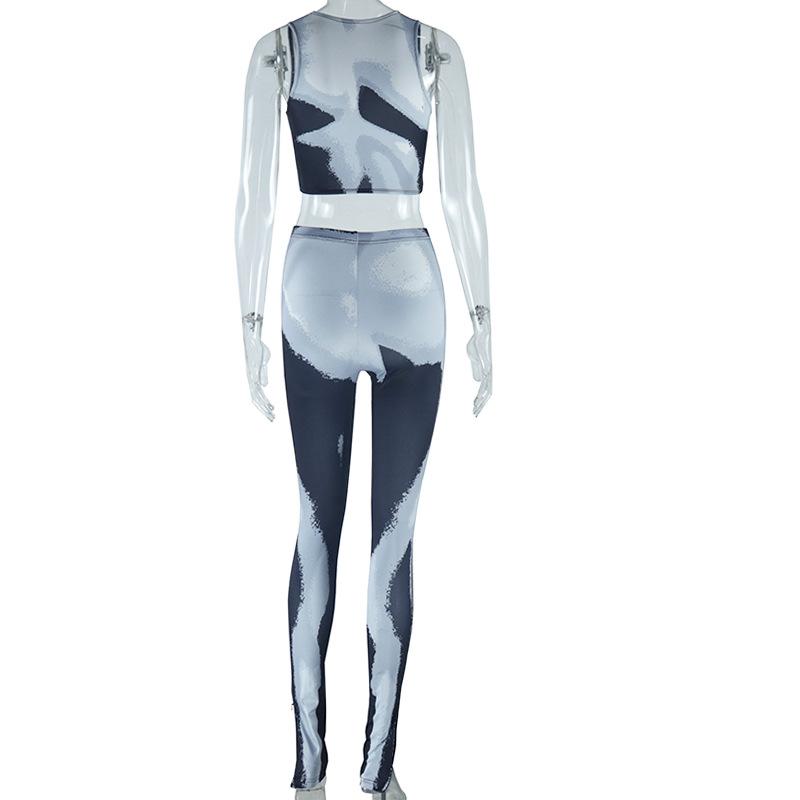acelimosf™-U neck zip-up print contrast crop pant set