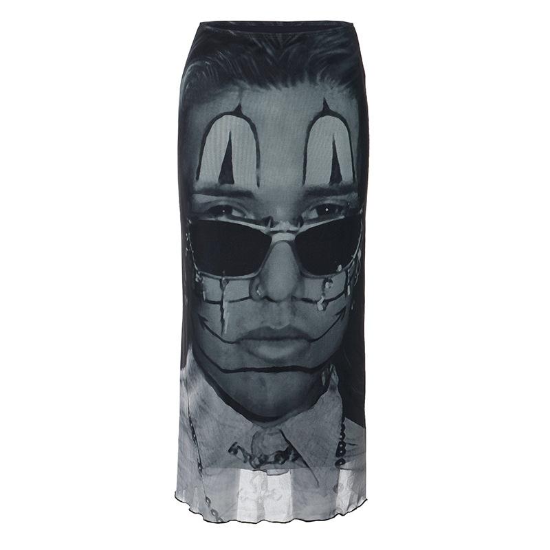 acelimosf™-Abstract contrast print low rise mesh ruffle midi skirt