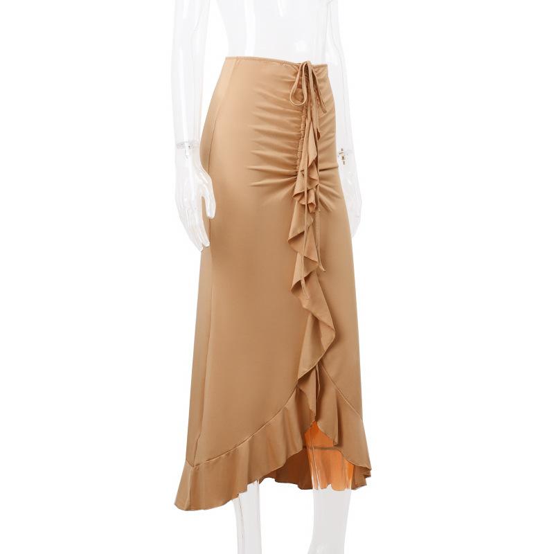 acelimosf™-Ruffle solid ruched self tie low rise midi skirt y2k 90s Revival Techno Fashion