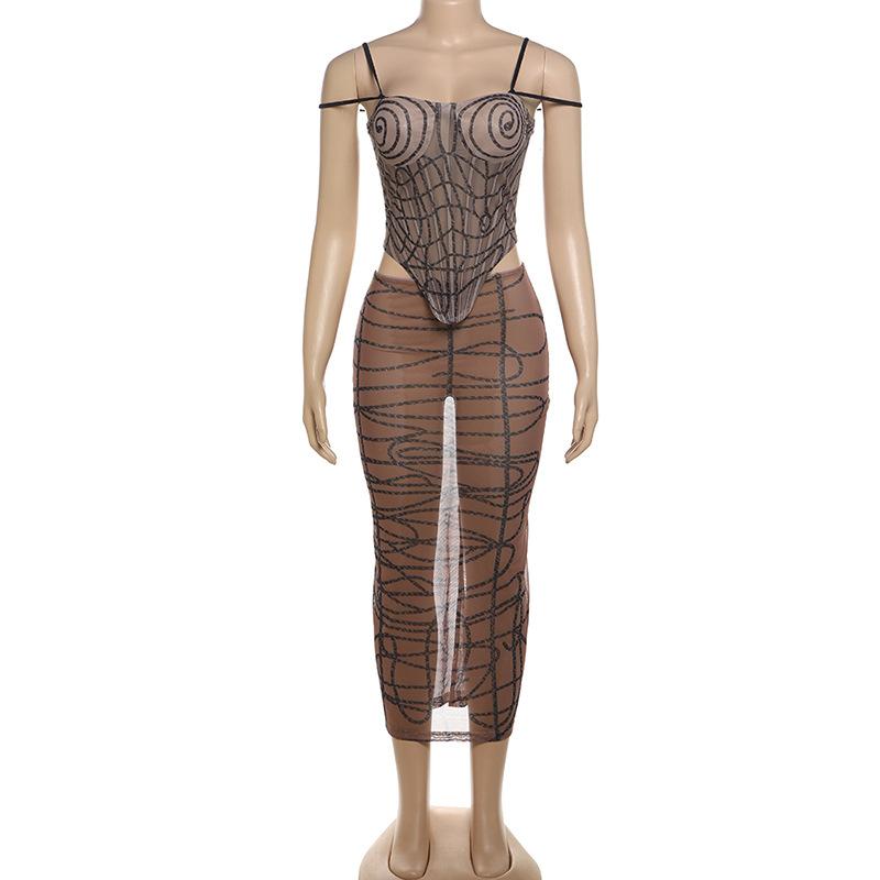 acelimosf™-Sheer mesh striped print self tie cami mini skirt set