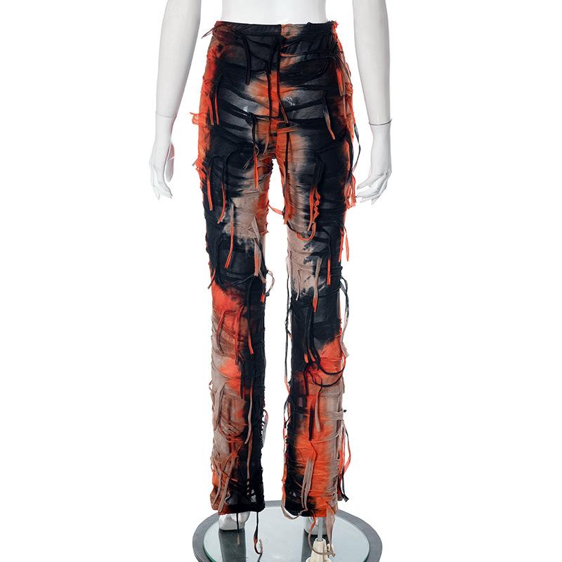 acelimosf™-Tie dye textured tassels contrast high rise pant y2k 90s Revival Techno Fashion